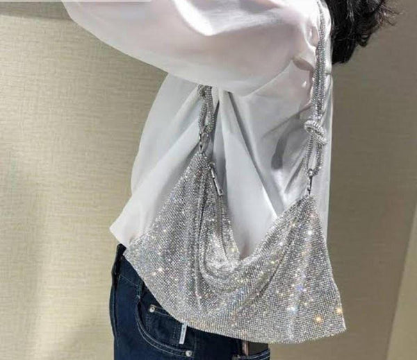 Silver Shiny Crystal Evening Clutch Bag