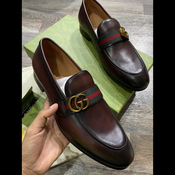 Dark Brown Leather GG Web Loafers