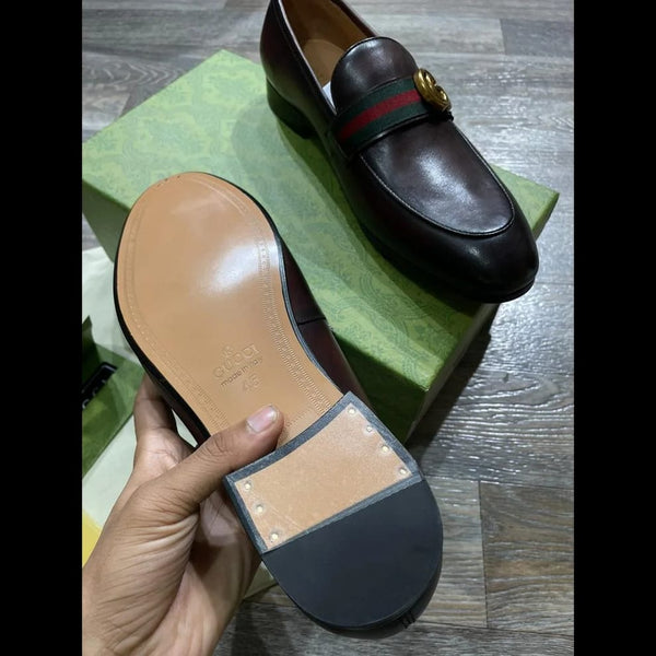 Dark Brown Leather GG Web Loafers