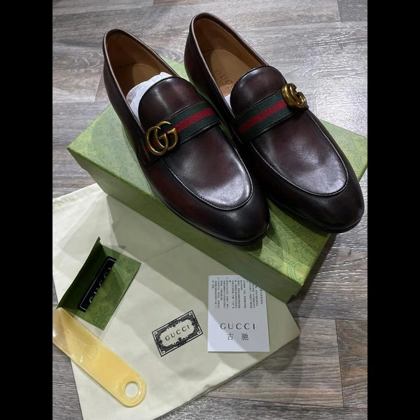 Dark Brown Leather GG Web Loafers