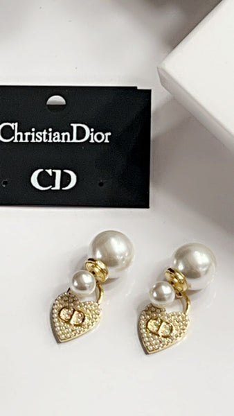 Pearl Bomber Studs With Golden CD Heart Drops