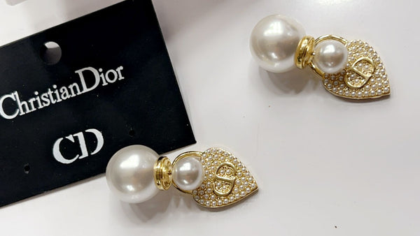 Pearl Bomber Studs With Golden CD Heart Drops