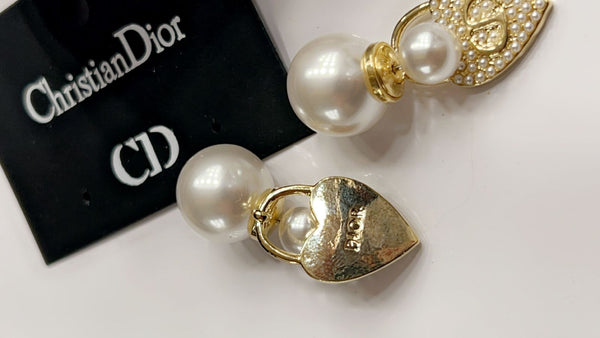 Pearl Bomber Studs With Golden CD Heart Drops