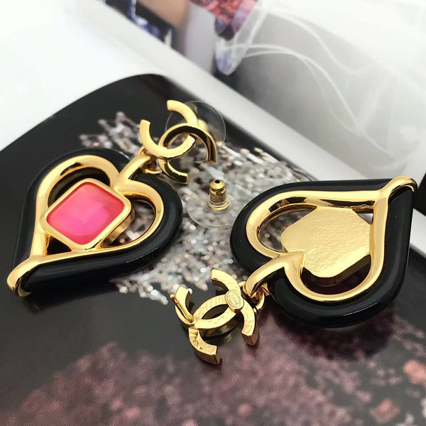 CC Gold Tone Heart Black Enamel Pink Resin Earrings