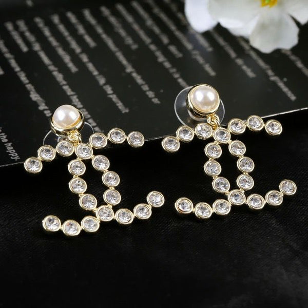 Gold Pearl Crystal CC Logo Dangle Drop Statement Pendant Earrings