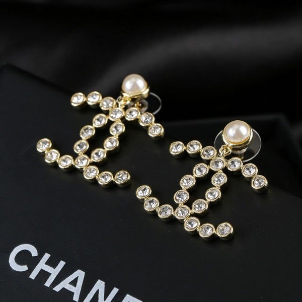 Gold Pearl Crystal CC Logo Dangle Drop Statement Pendant Earrings