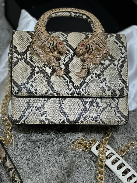 Tiger Handle  Crystal-Embellished Shoulder Bag