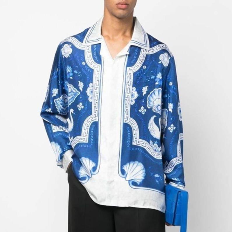 Luxury Plat A Dessert Bleu Cuban Collar Shirt