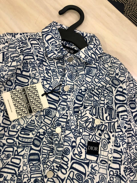 Imported White & Blue  All Over Print Button Up Shirt