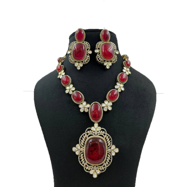 Gold Plated Long Necklace Set With Ruby Stone