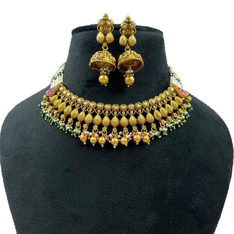 Traditional  Gold Plated Antique Short Necklace Set