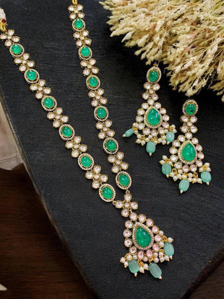 Green Stone Kundan Simple Necklace with Drop Pattern Green Bead Earring Jewellery Set