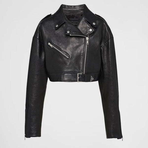 Branded Cropped Cur Black Leather Jacket