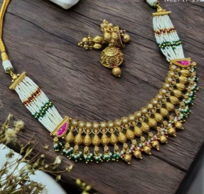 Traditional  Gold Plated Antique Short Necklace Set