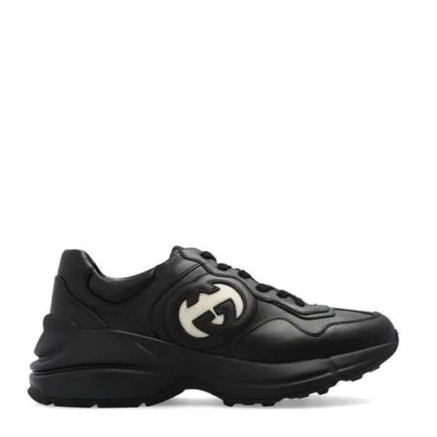 Men Black Rhyton Interlocking G Leather Low-Top Sneakers