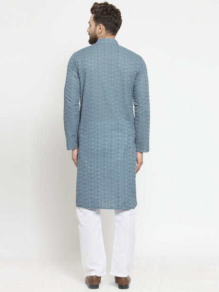 Grey Cotton Chikankari Lucknowi Jaal Embroidered Kurta with Aligarh Pajama For Men  by Luxury at Less