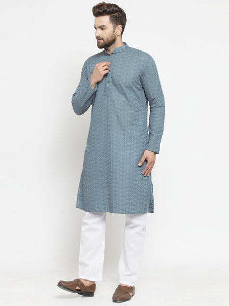 Grey Cotton Chikankari Lucknowi Jaal Embroidered Kurta with Aligarh Pajama For Men  by Luxury at Less