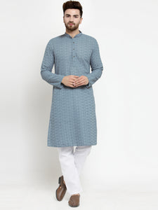 Grey Cotton Chikankari Lucknowi Jaal Embroidered Kurta with Aligarh Pajama For Men  by Luxury at Less