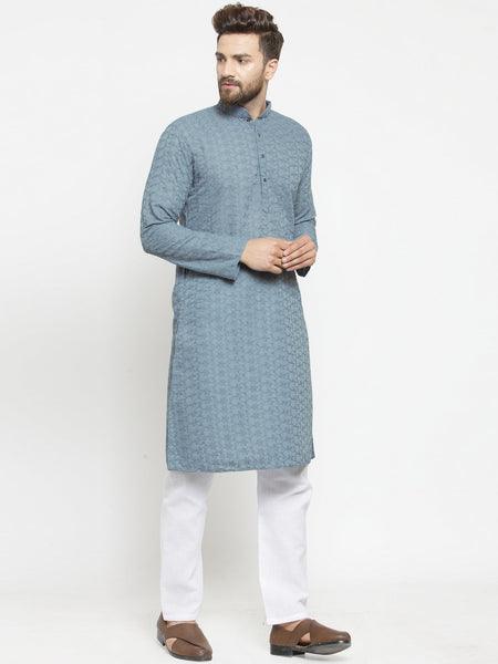 Grey Cotton Chikankari Lucknowi Jaal Embroidered Kurta with Aligarh Pajama For Men  by Luxury at Less