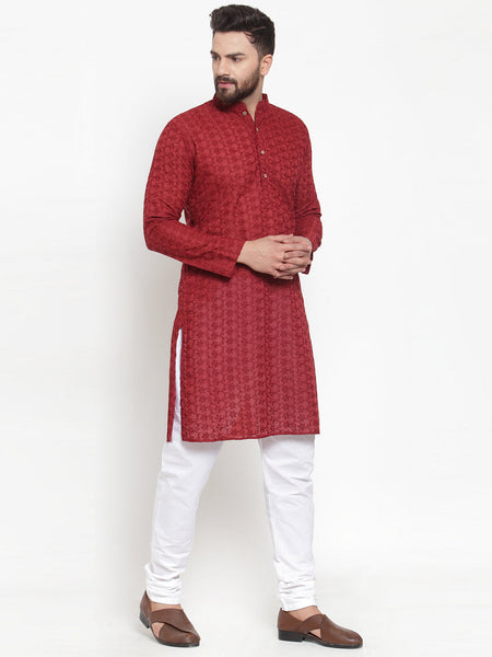 Maroon Chikankari Lucknowi Jaal Embroidered Kurta with Churidar Pajama by Luxury at Less