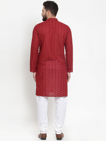 Maroon Chikankari Lucknowi Jaal Embroidered Kurta with Churidar Pajama by Luxury at Less