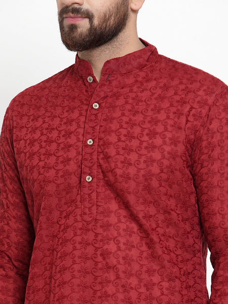 Maroon Chikankari Lucknowi Jaal Embroidered Kurta with Churidar Pajama by Luxury at Less