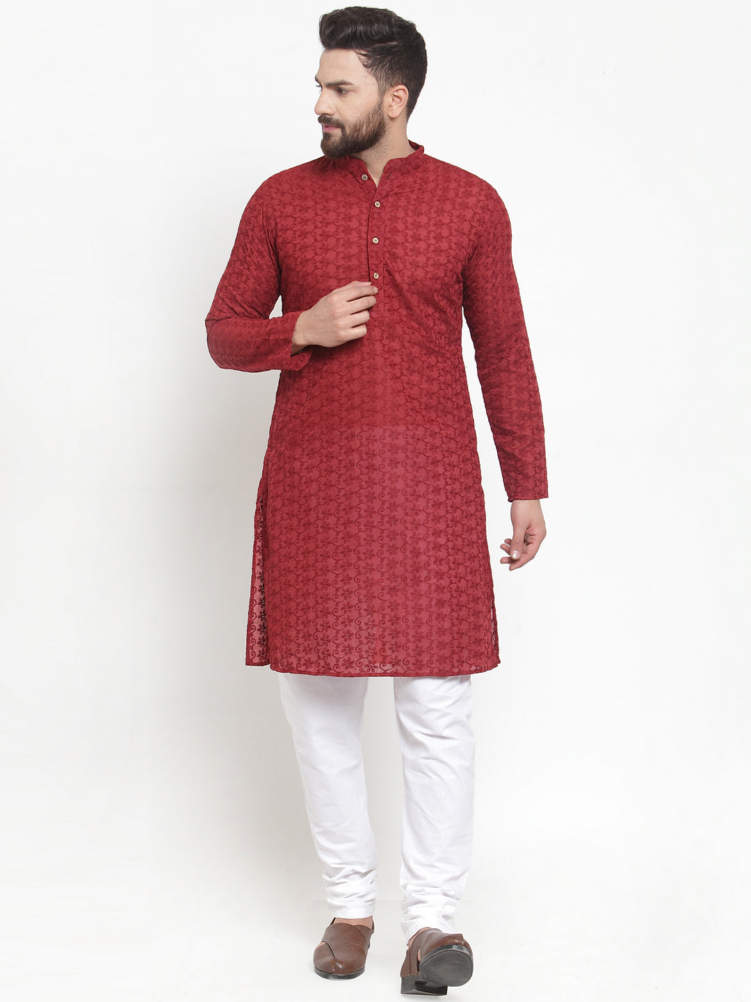 Maroon Chikankari Lucknowi Jaal Embroidered Kurta with Churidar Pajama by Luxury at Less