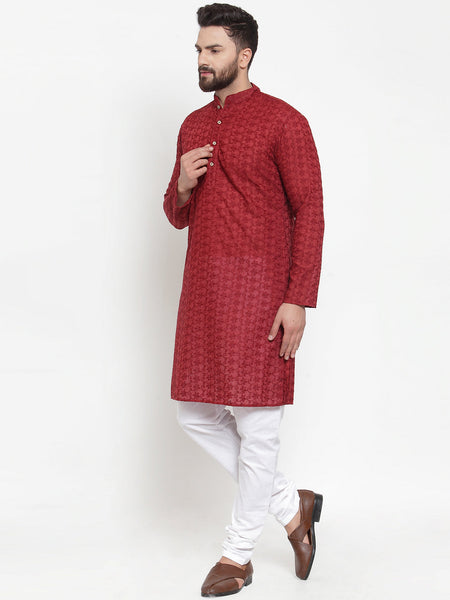 Maroon Chikankari Lucknowi Jaal Embroidered Kurta with Churidar Pajama by Luxury at Less