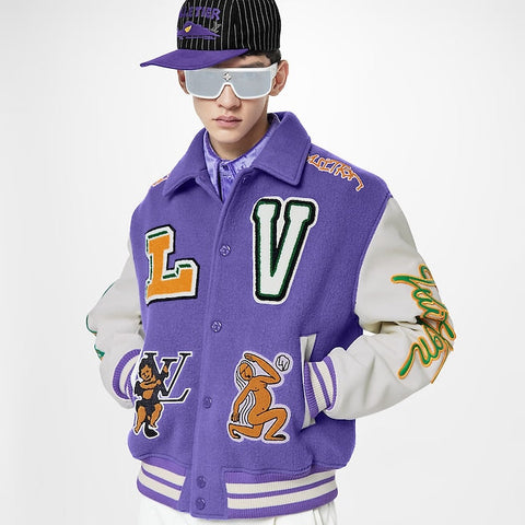 Multi-Patches Mixed Leather Varsity Jacket