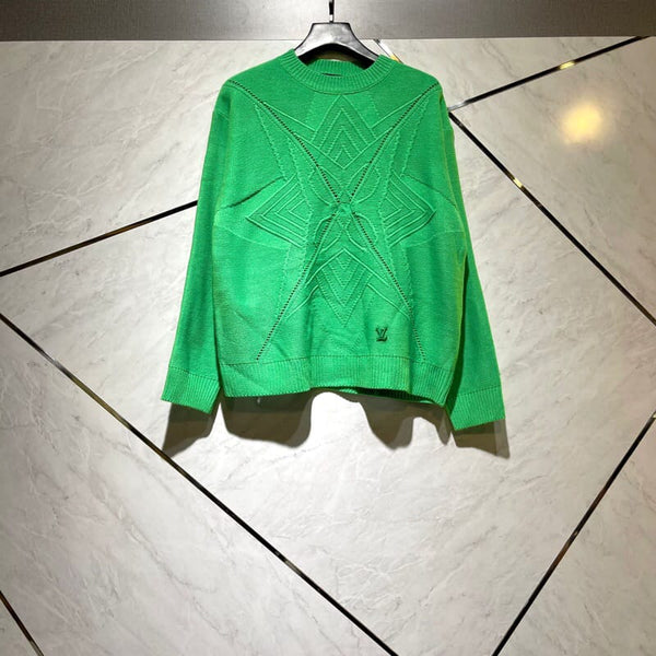 Hand-knit Monogram Flower Crewneck Green Pullover