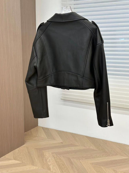 Branded Cropped Cur Black Leather Jacket