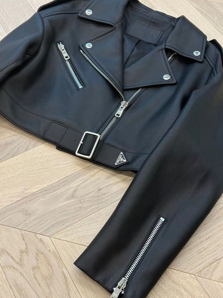 Branded Cropped Cur Black Leather Jacket