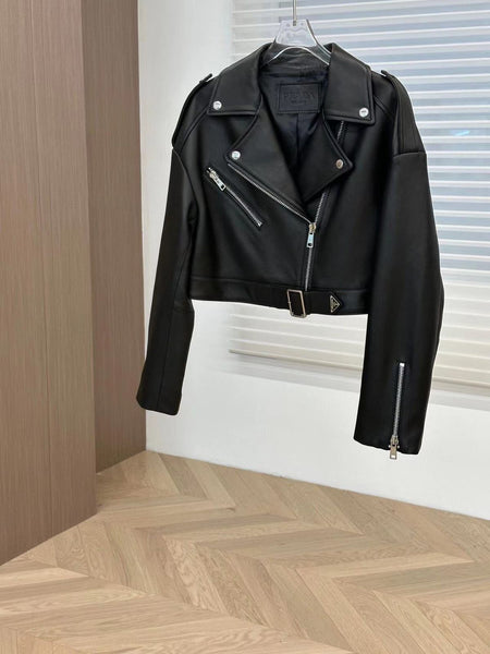 Branded Cropped Cur Black Leather Jacket