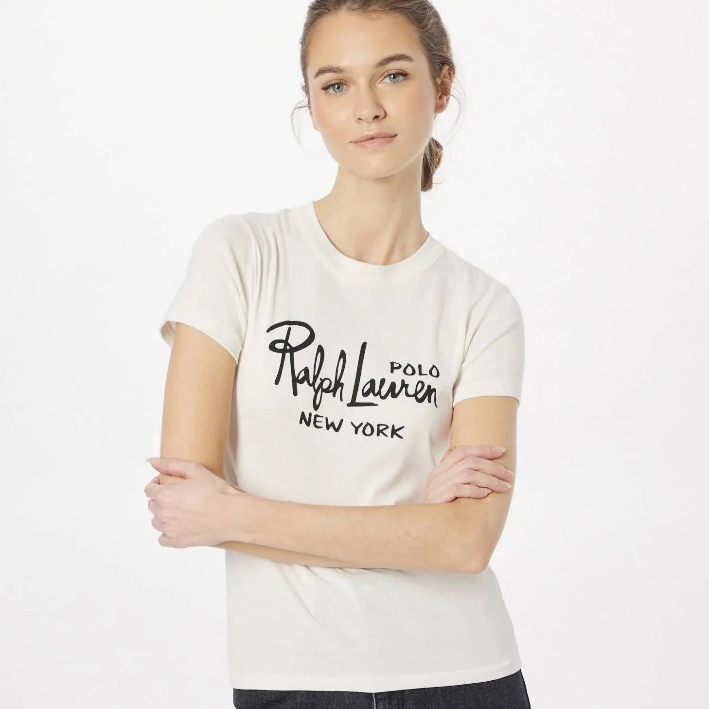 Women Cream Logo Ribbed Cotton T-Shirt