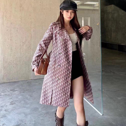 Women Luxurious Style Logo Printed Pink Long Coat