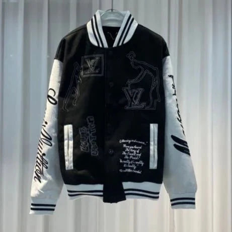 Black Logo Pattern Designer Varsity Jacket