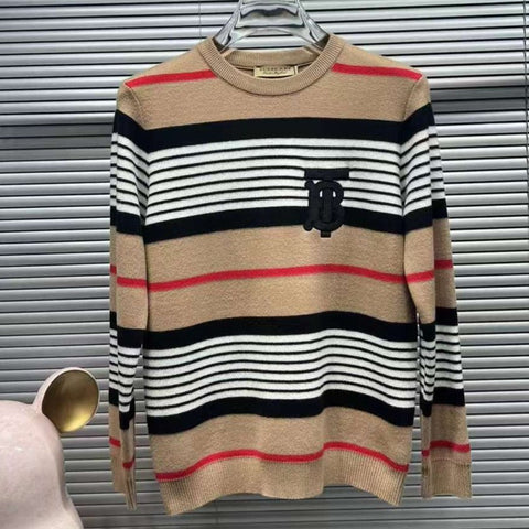 Women Logo Embroidery Striped Pattern Pullover