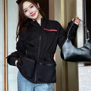 Women Black Jacket With Red Logo Stripe