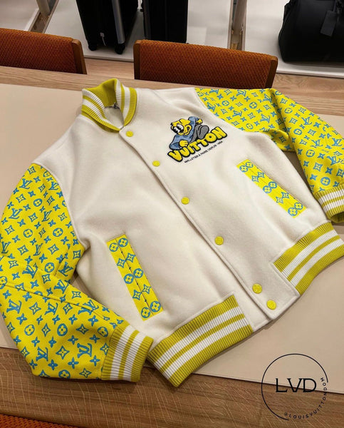 White & Yellow Monogram Sleeve Varsity Jacket