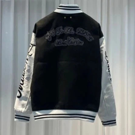 Black Logo Pattern Designer Varsity Jacket