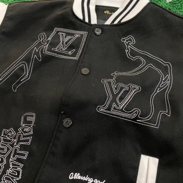 Black Logo Pattern Designer Varsity Jacket