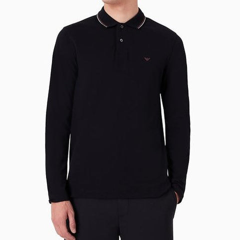 Long-Sleeved Stretch piqué Polo Shirt With Micro Eagle Embroidery