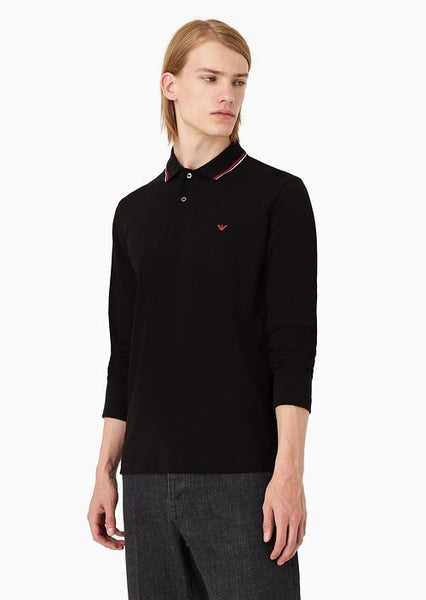 Long-Sleeved Stretch piqué Polo Shirt With Micro Eagle Embroidery