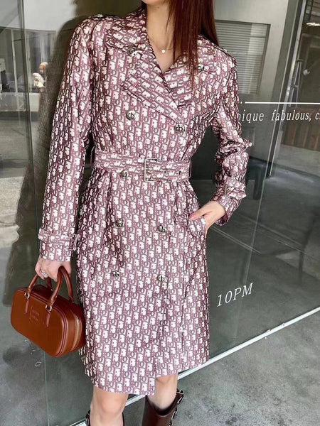 Women Luxurious Style Logo Printed Pink Long Coat